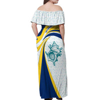 Turks and Caicos Islands Off Shoulder Maxi Dress with Sea Shell Graphic and Yellow Blue Wave Design - Wonder Print Shop