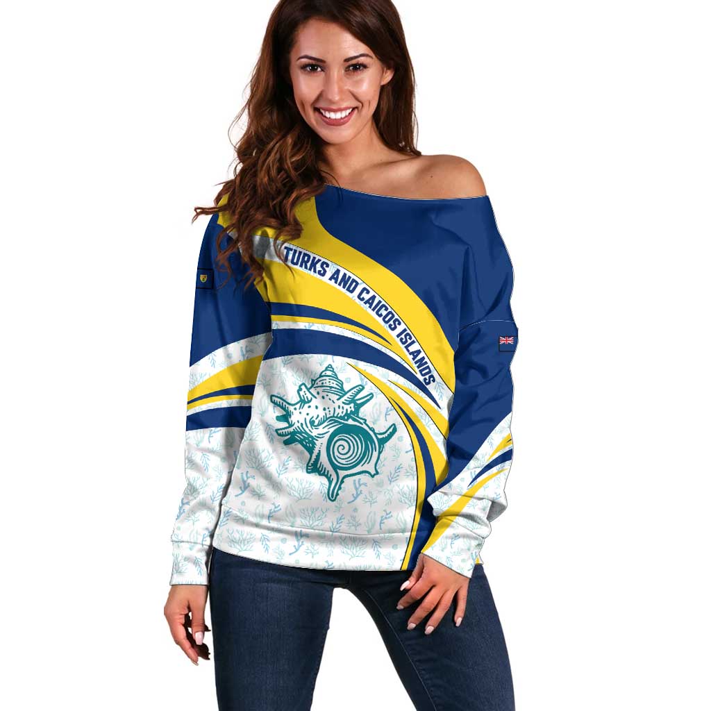 Turks and Caicos Islands Off Shoulder Sweater with Sea Shell Graphic and Yellow Blue Wave Design - Wonder Print Shop