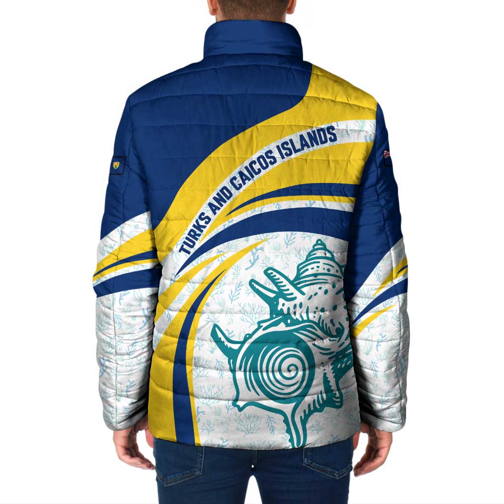 Turks and Caicos Islands Padded Jacket with Sea Shell Graphic and Yellow Blue Wave Design - Wonder Print Shop
