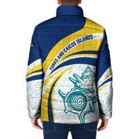 Turks and Caicos Islands Padded Jacket with Sea Shell Graphic and Yellow Blue Wave Design - Wonder Print Shop
