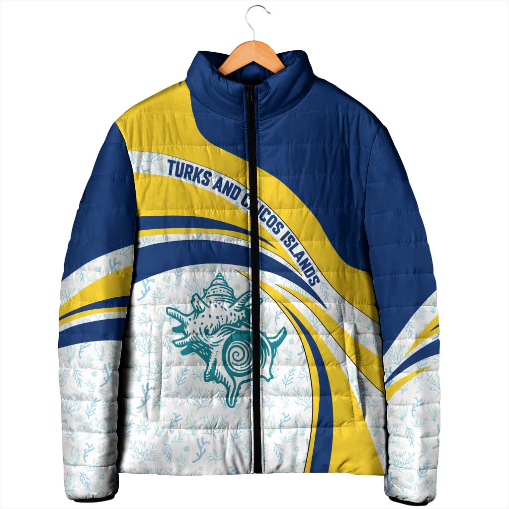 Turks and Caicos Islands Padded Jacket with Sea Shell Graphic and Yellow Blue Wave Design - Wonder Print Shop