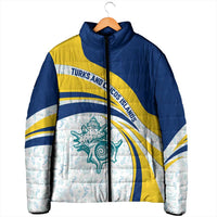 Turks and Caicos Islands Padded Jacket with Sea Shell Graphic and Yellow Blue Wave Design - Wonder Print Shop
