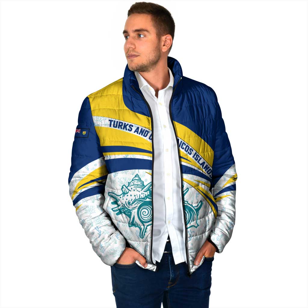Turks and Caicos Islands Padded Jacket with Sea Shell Graphic and Yellow Blue Wave Design - Wonder Print Shop