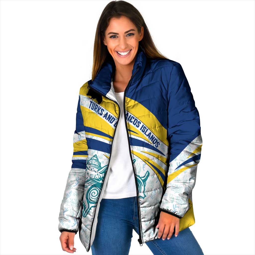 Turks and Caicos Islands Padded Jacket with Sea Shell Graphic and Yellow Blue Wave Design - Wonder Print Shop