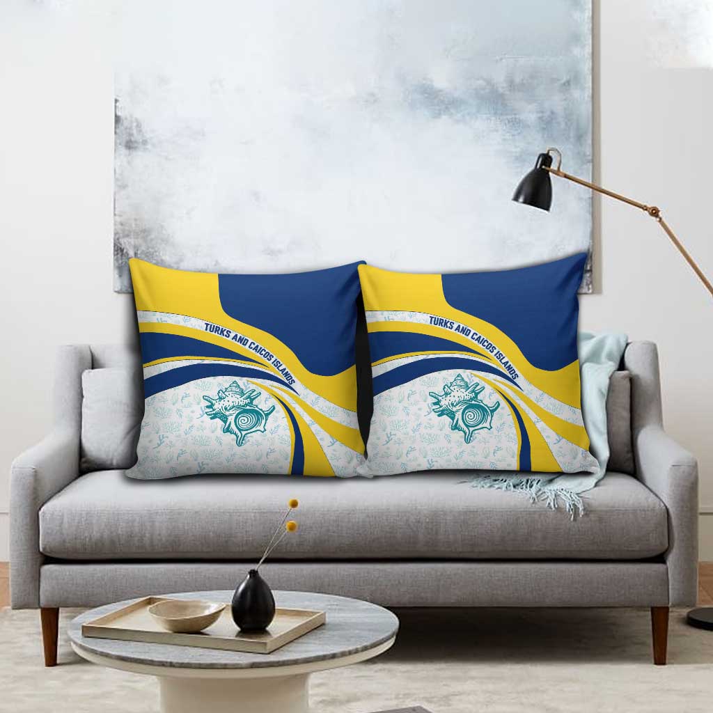 Turks and Caicos Islands Pillow Cover with Sea Shell Graphic and Yellow Blue Wave Design - Wonder Print Shop