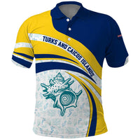 Turks and Caicos Islands Polo Shirt with Sea Shell Graphic and Yellow Blue Wave Design - Wonder Print Shop