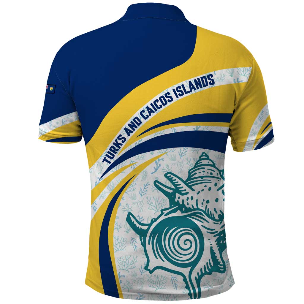 Turks and Caicos Islands Polo Shirt with Sea Shell Graphic and Yellow Blue Wave Design - Wonder Print Shop