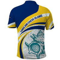 Turks and Caicos Islands Polo Shirt with Sea Shell Graphic and Yellow Blue Wave Design - Wonder Print Shop