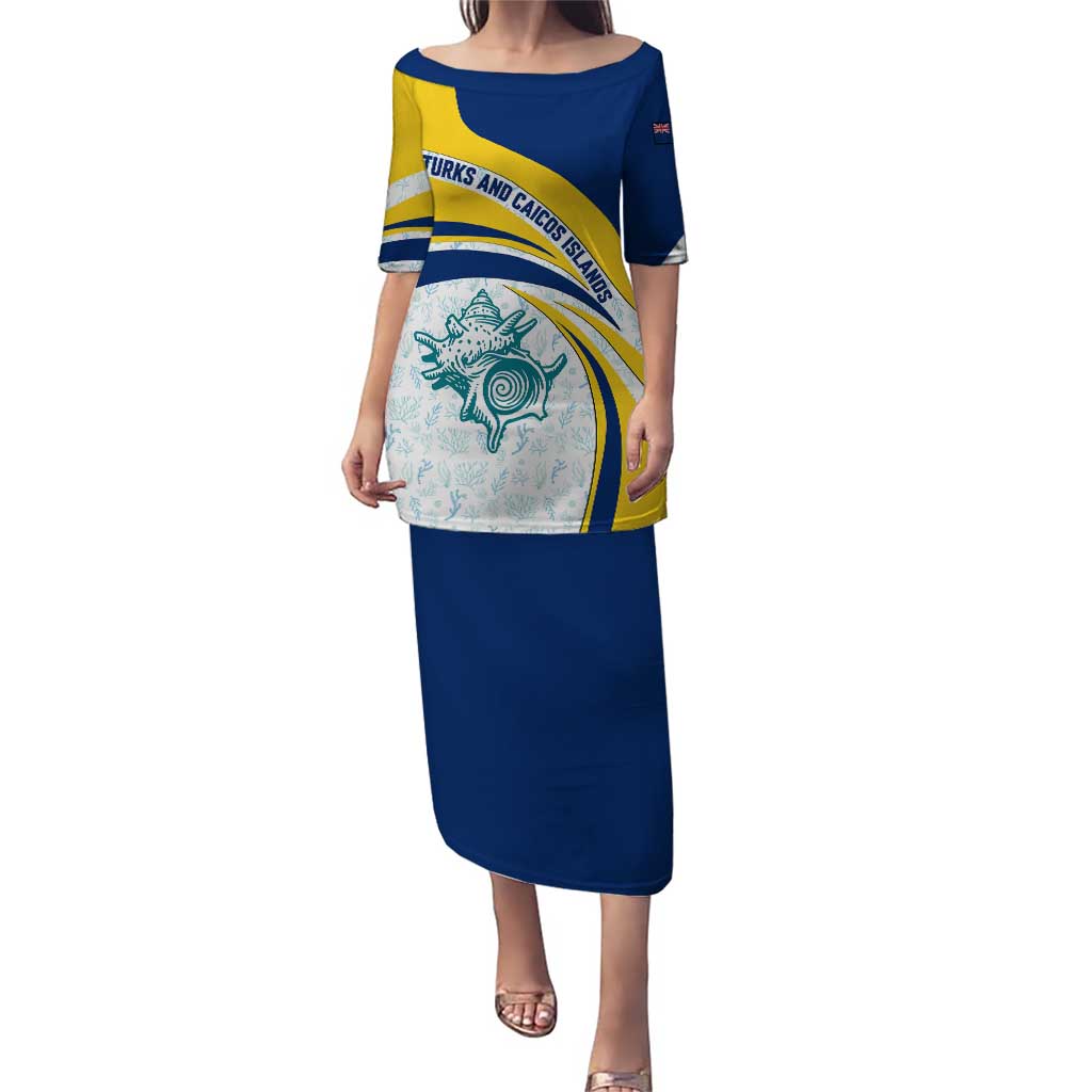 Turks and Caicos Islands Puletasi with Sea Shell Graphic and Yellow Blue Wave Design - Wonder Print Shop