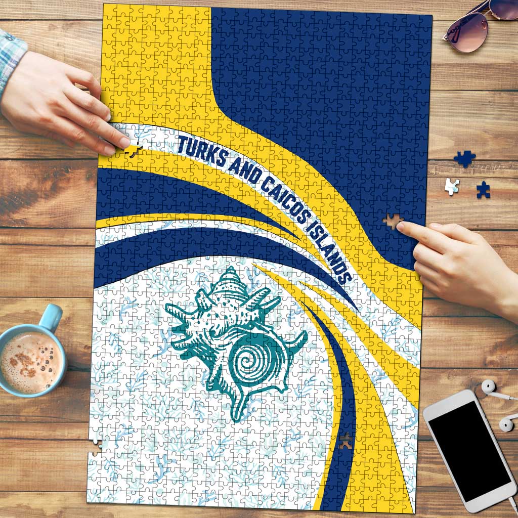 Turks and Caicos Islands Puzzle with Sea Shell Graphic and Yellow Blue Wave Design - Wonder Print Shop