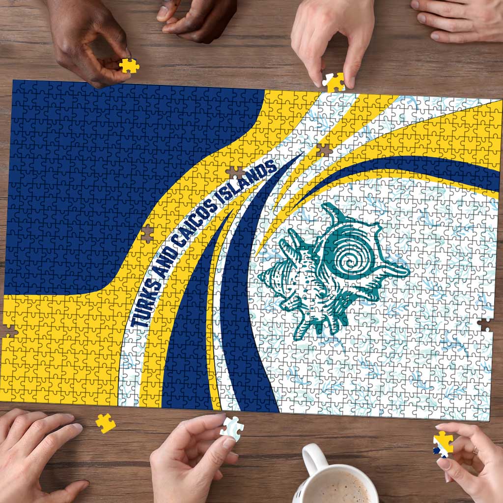 Turks and Caicos Islands Puzzle with Sea Shell Graphic and Yellow Blue Wave Design - Wonder Print Shop