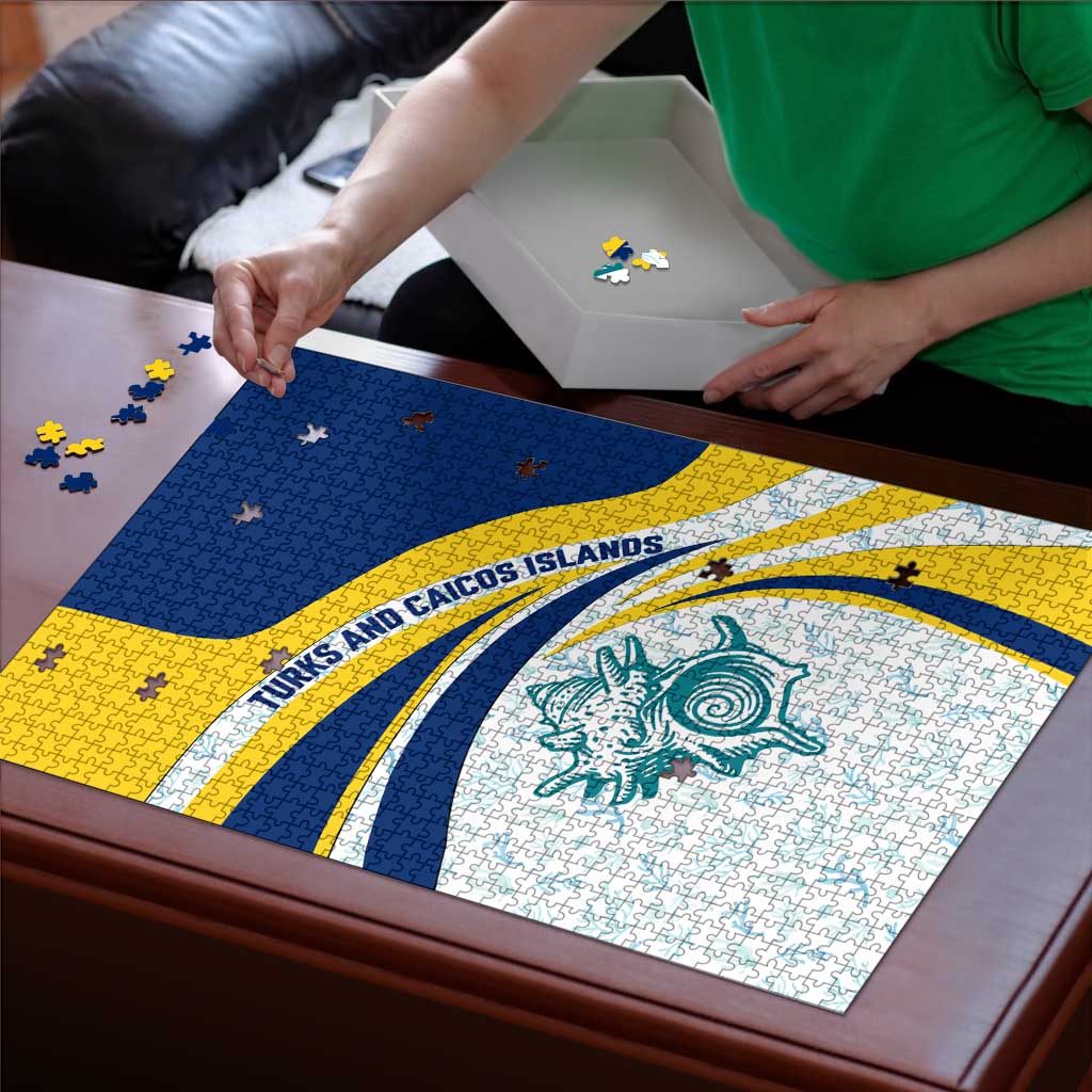 Turks and Caicos Islands Puzzle with Sea Shell Graphic and Yellow Blue Wave Design - Wonder Print Shop