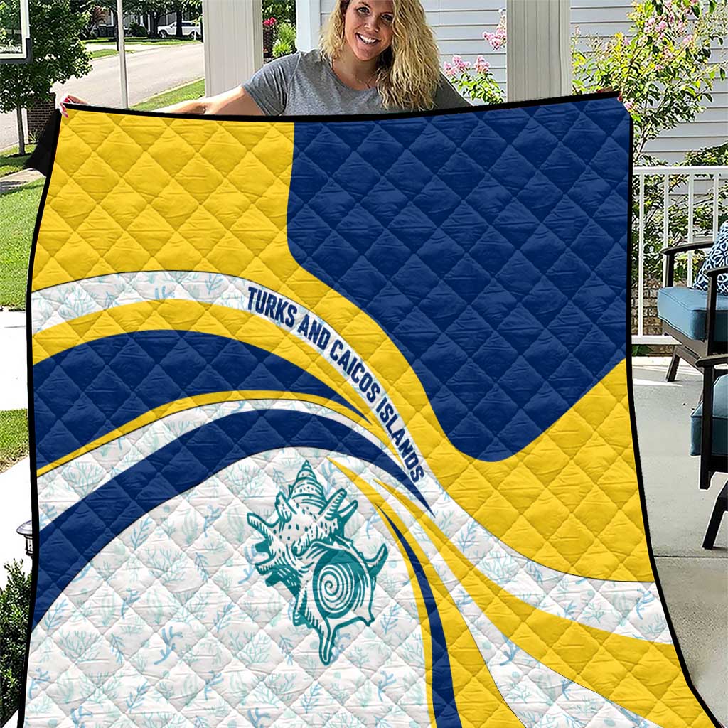 Turks and Caicos Islands Quilt with Sea Shell Graphic and Yellow Blue Wave Design - Wonder Print Shop