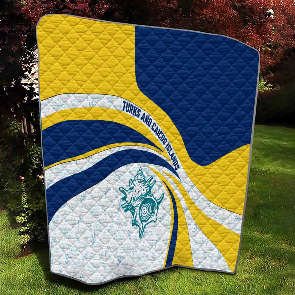 Turks and Caicos Islands Quilt with Sea Shell Graphic and Yellow Blue Wave Design - Wonder Print Shop