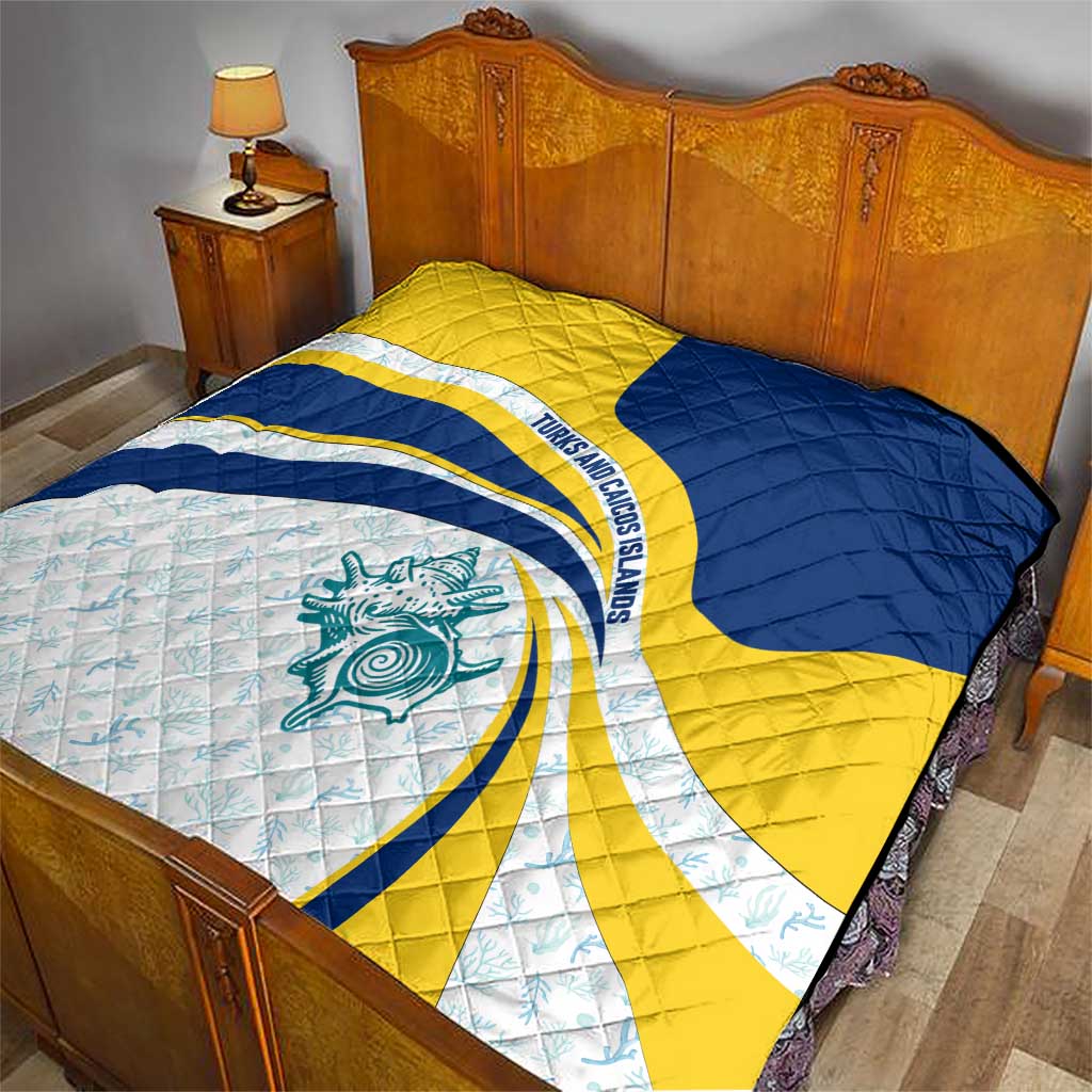 Turks and Caicos Islands Quilt with Sea Shell Graphic and Yellow Blue Wave Design - Wonder Print Shop