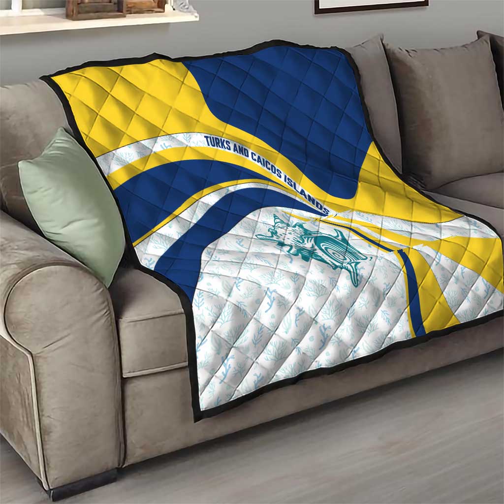 Turks and Caicos Islands Quilt with Sea Shell Graphic and Yellow Blue Wave Design - Wonder Print Shop