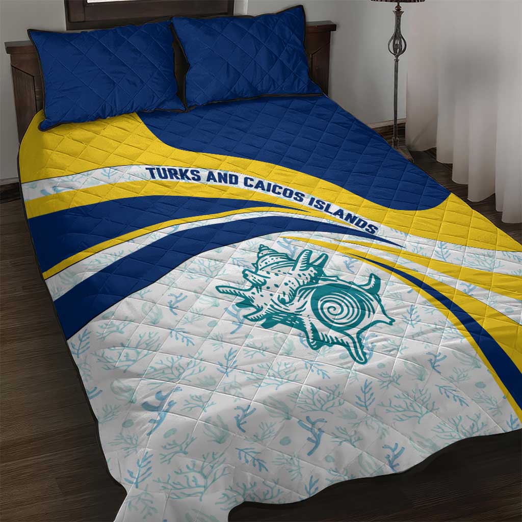 Turks and Caicos Islands Quilt Bed Set with Sea Shell Graphic and Yellow Blue Wave Design - Wonder Print Shop