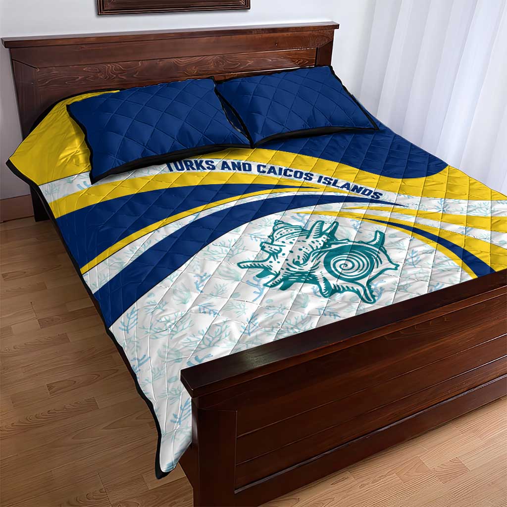 Turks and Caicos Islands Quilt Bed Set with Sea Shell Graphic and Yellow Blue Wave Design - Wonder Print Shop