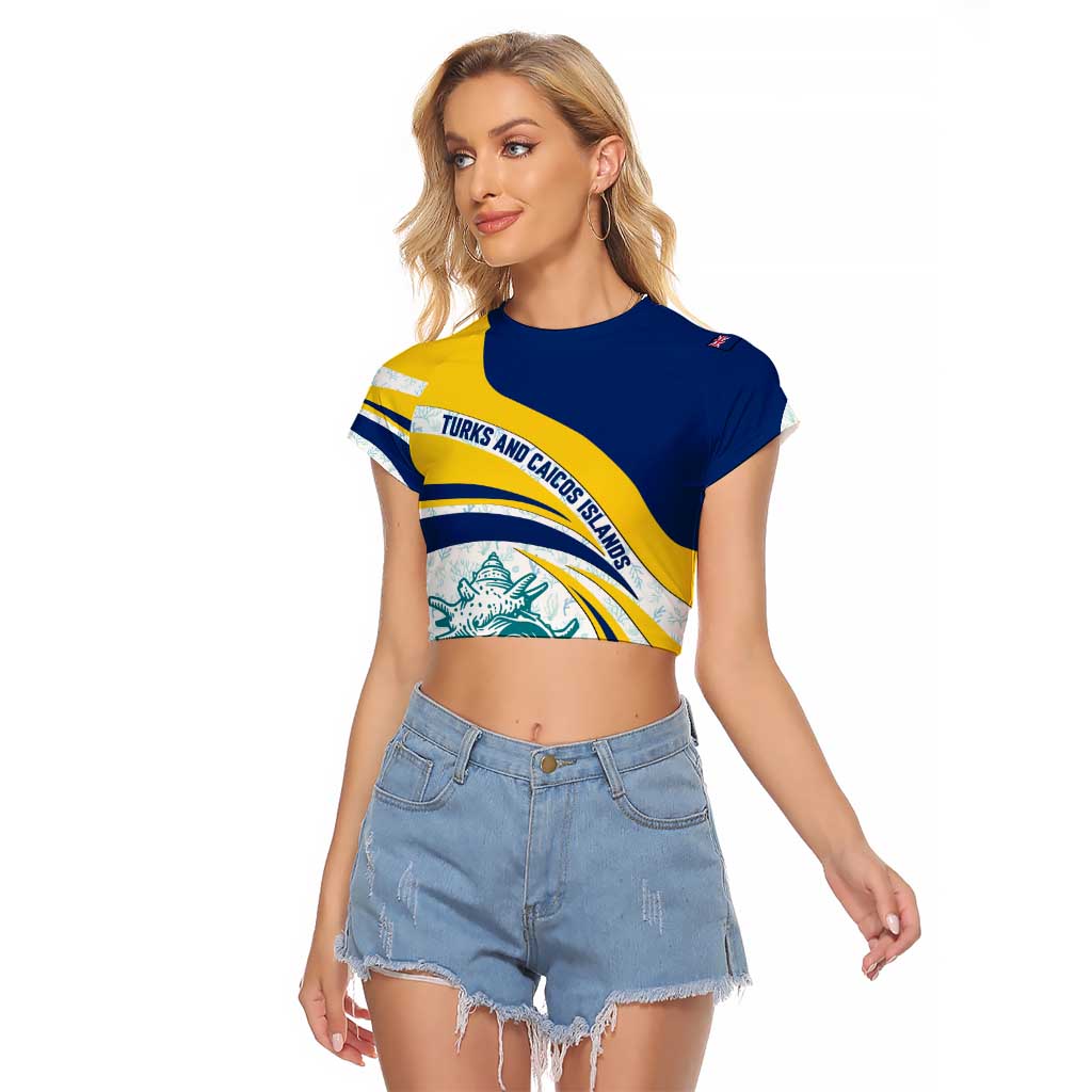 Turks and Caicos Islands Raglan Cropped T Shirt with Sea Shell Graphic and Yellow Blue Wave Design - Wonder Print Shop