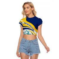 Turks and Caicos Islands Raglan Cropped T Shirt with Sea Shell Graphic and Yellow Blue Wave Design - Wonder Print Shop