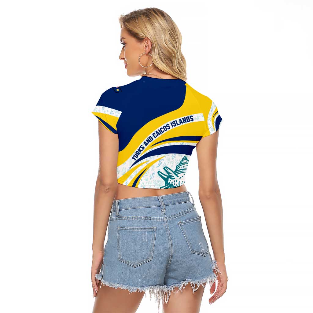 Turks and Caicos Islands Raglan Cropped T Shirt with Sea Shell Graphic and Yellow Blue Wave Design - Wonder Print Shop
