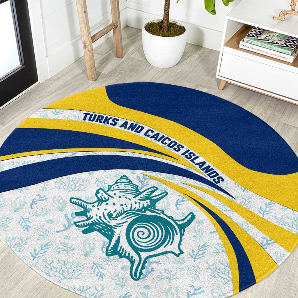 Turks and Caicos Islands Round Carpet with Sea Shell Graphic and Yellow Blue Wave Design - Wonder Print Shop