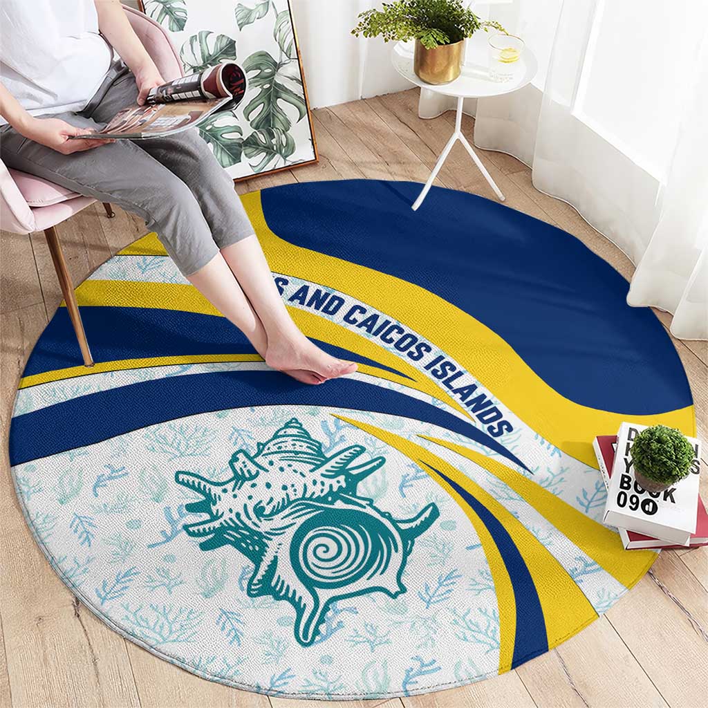 Turks and Caicos Islands Round Carpet with Sea Shell Graphic and Yellow Blue Wave Design - Wonder Print Shop