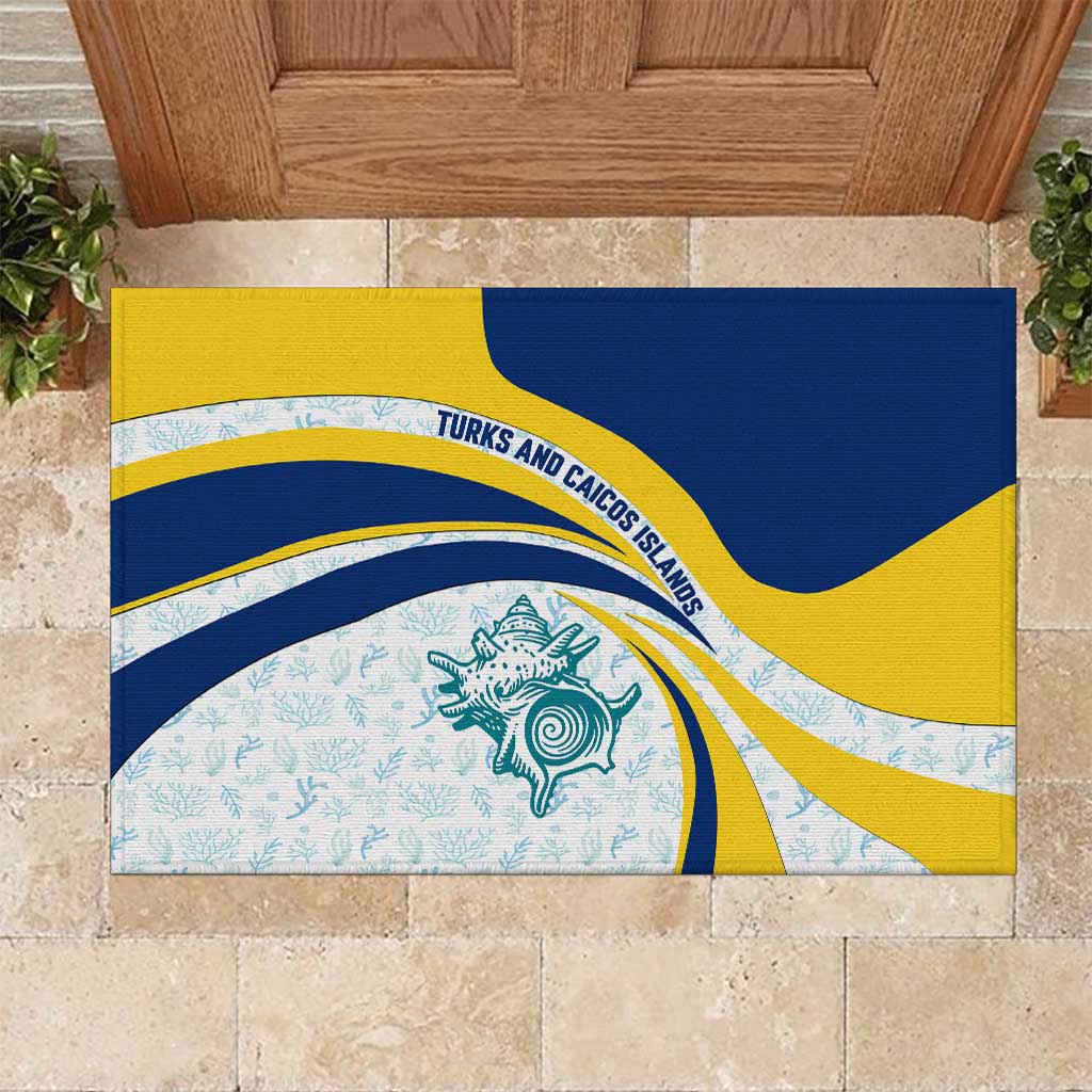 Turks and Caicos Islands Rubber Doormat with Sea Shell Graphic and Yellow Blue Wave Design - Wonder Print Shop