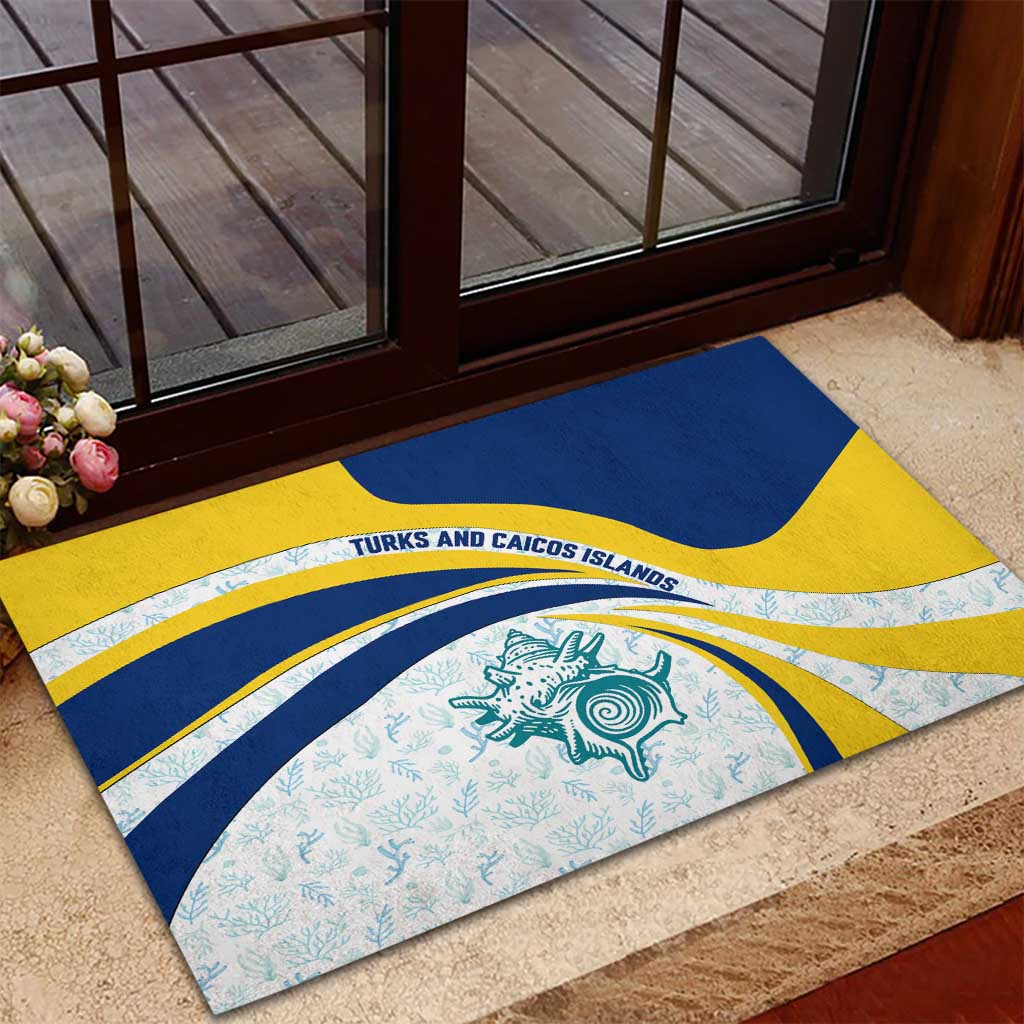 Turks and Caicos Islands Rubber Doormat with Sea Shell Graphic and Yellow Blue Wave Design - Wonder Print Shop