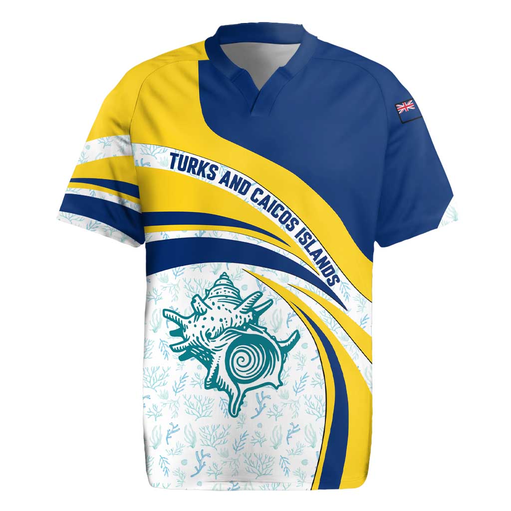 Turks and Caicos Islands Rugby Jersey with Sea Shell Graphic and Yellow Blue Wave Design - Wonder Print Shop