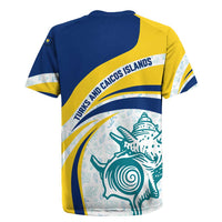 Turks and Caicos Islands Rugby Jersey with Sea Shell Graphic and Yellow Blue Wave Design - Wonder Print Shop
