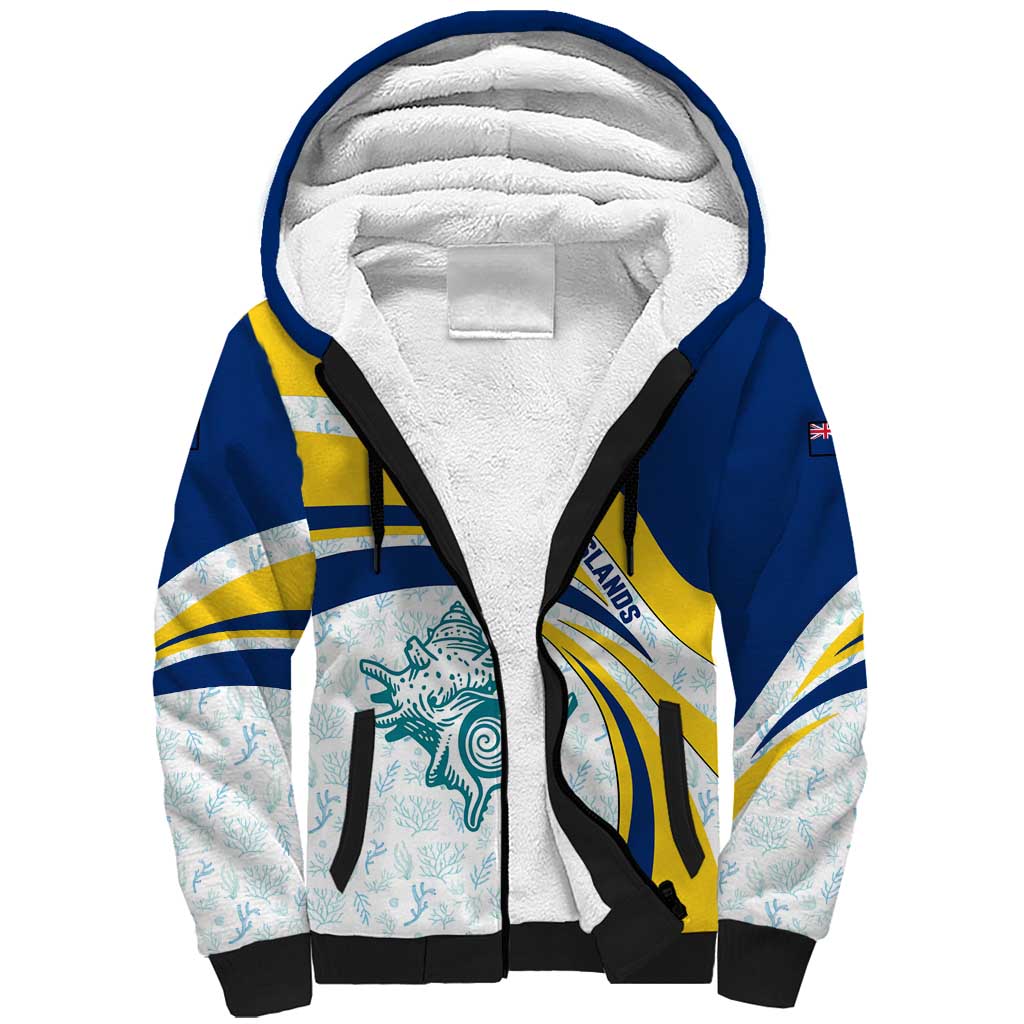 Turks and Caicos Islands Sherpa Hoodie with Sea Shell Graphic and Yellow Blue Wave Design - Wonder Print Shop