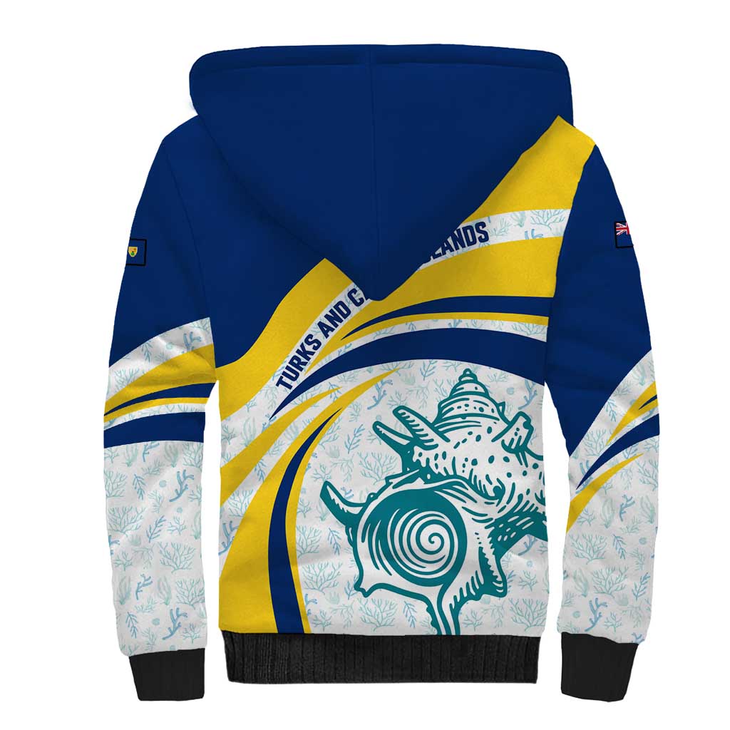 Turks and Caicos Islands Sherpa Hoodie with Sea Shell Graphic and Yellow Blue Wave Design - Wonder Print Shop