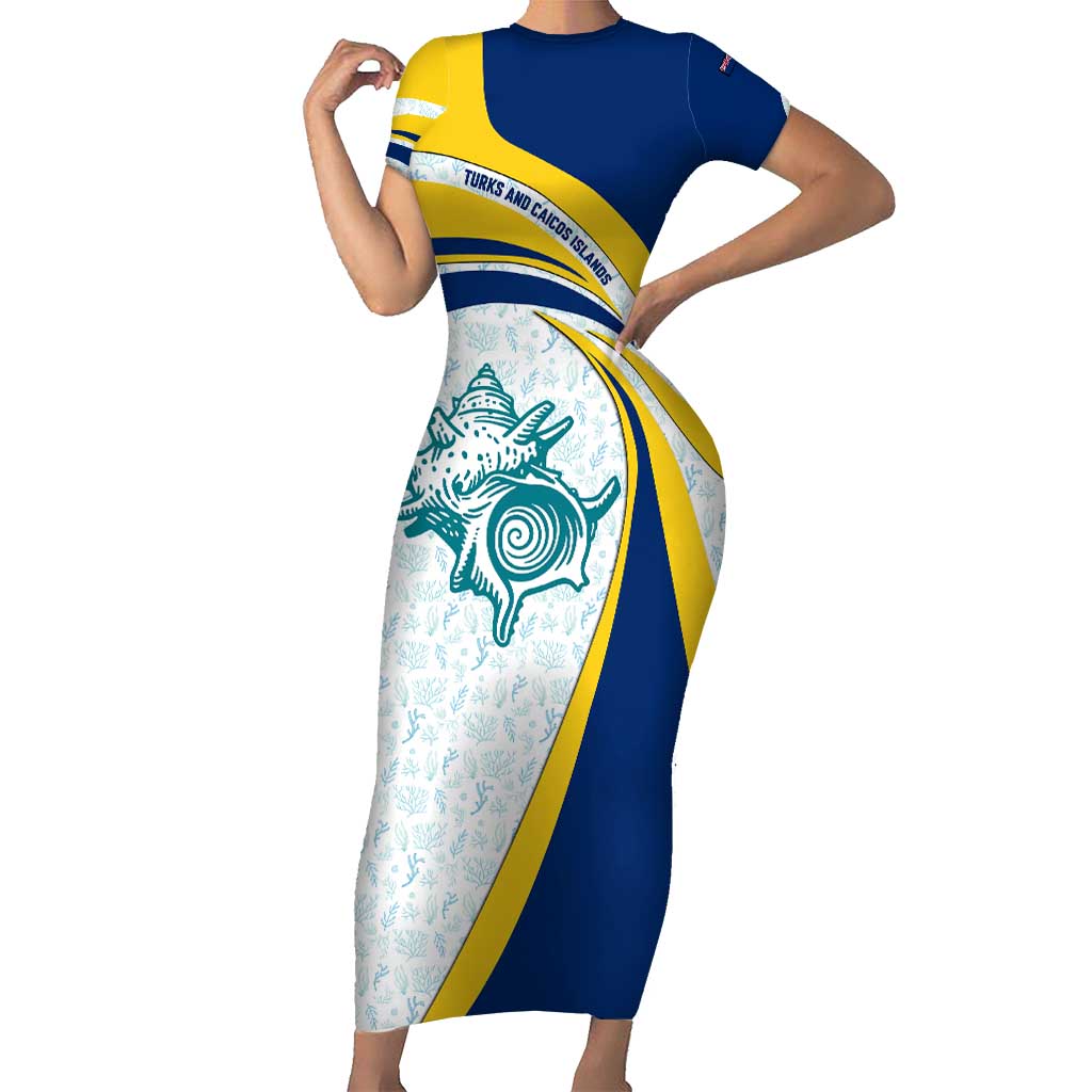 Turks and Caicos Islands Short Sleeve Bodycon Dress with Sea Shell Graphic and Yellow Blue Wave Design - Wonder Print Shop