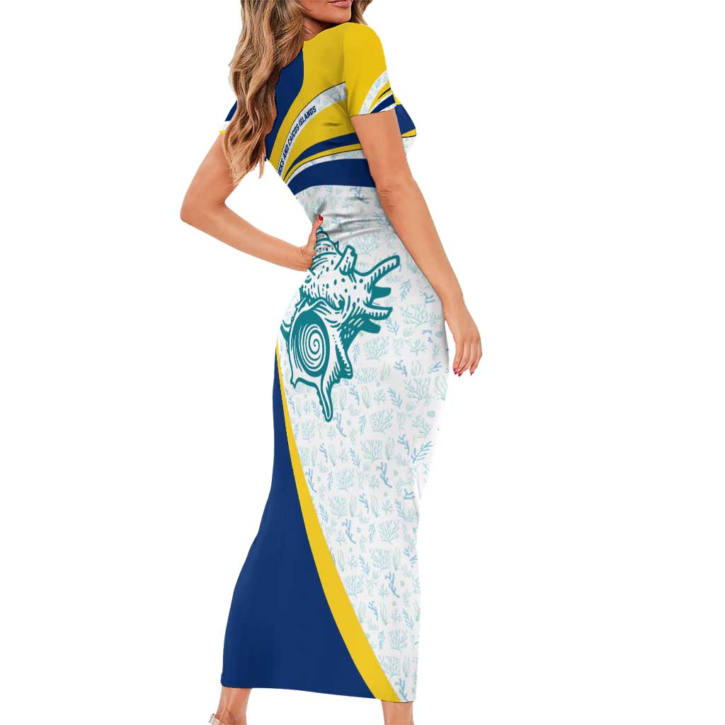 Turks and Caicos Islands Short Sleeve Bodycon Dress with Sea Shell Graphic and Yellow Blue Wave Design - Wonder Print Shop