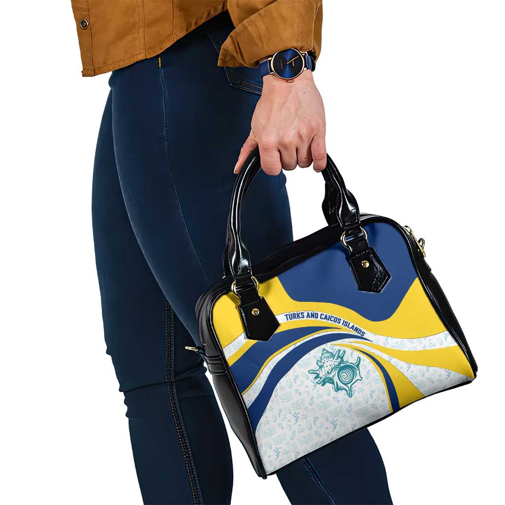 Turks and Caicos Islands Shoulder Handbag with Sea Shell Graphic and Yellow Blue Wave Design - Wonder Print Shop