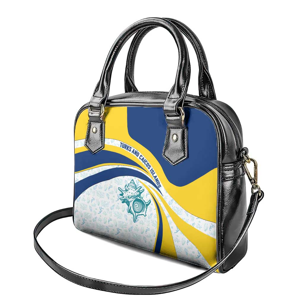 Turks and Caicos Islands Shoulder Handbag with Sea Shell Graphic and Yellow Blue Wave Design - Wonder Print Shop