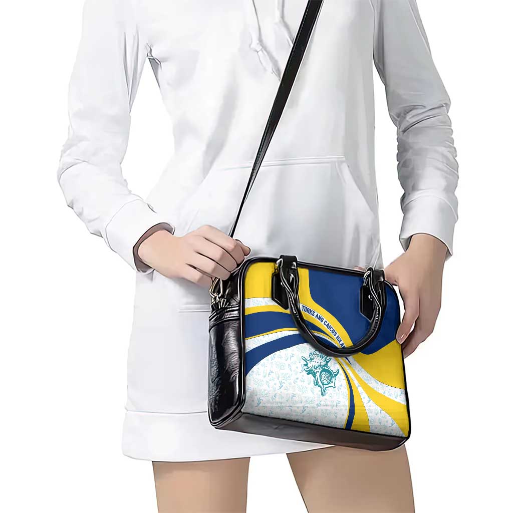 Turks and Caicos Islands Shoulder Handbag with Sea Shell Graphic and Yellow Blue Wave Design - Wonder Print Shop