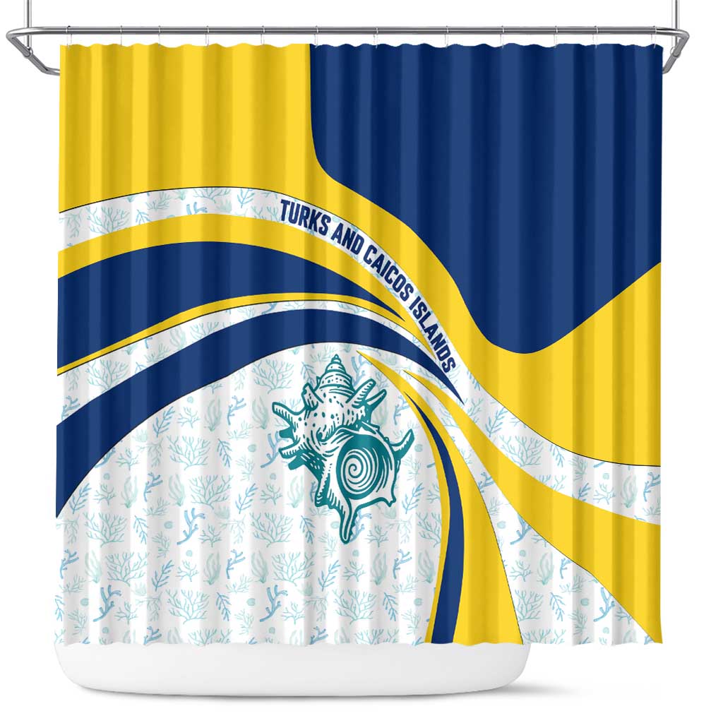Turks and Caicos Islands Shower Curtain with Sea Shell Graphic and Yellow Blue Wave Design - Wonder Print Shop
