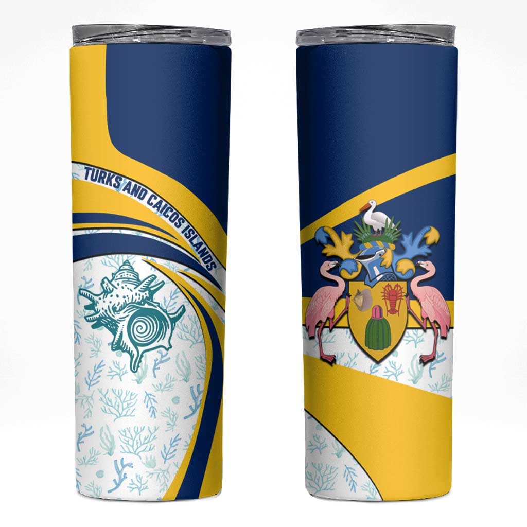 Turks and Caicos Islands Skinny Tumbler with Sea Shell Graphic and Yellow Blue Wave Design - Wonder Print Shop