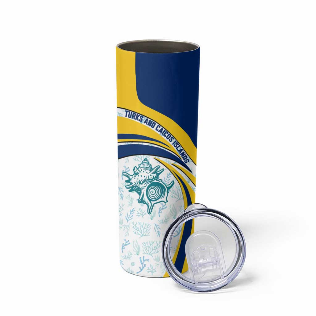 Turks and Caicos Islands Skinny Tumbler with Sea Shell Graphic and Yellow Blue Wave Design - Wonder Print Shop