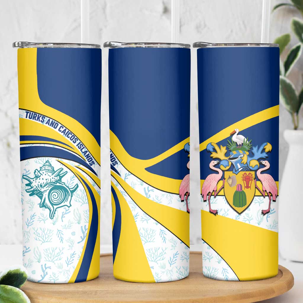 Turks and Caicos Islands Skinny Tumbler with Sea Shell Graphic and Yellow Blue Wave Design - Wonder Print Shop
