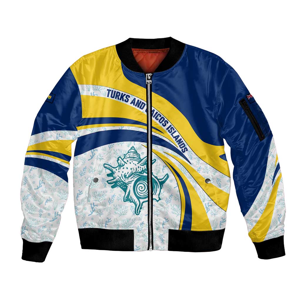 Turks and Caicos Islands Sleeve Zip Bomber Jacket with Sea Shell Graphic and Yellow Blue Wave Design - Wonder Print Shop