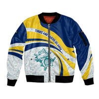 Turks and Caicos Islands Sleeve Zip Bomber Jacket with Sea Shell Graphic and Yellow Blue Wave Design - Wonder Print Shop
