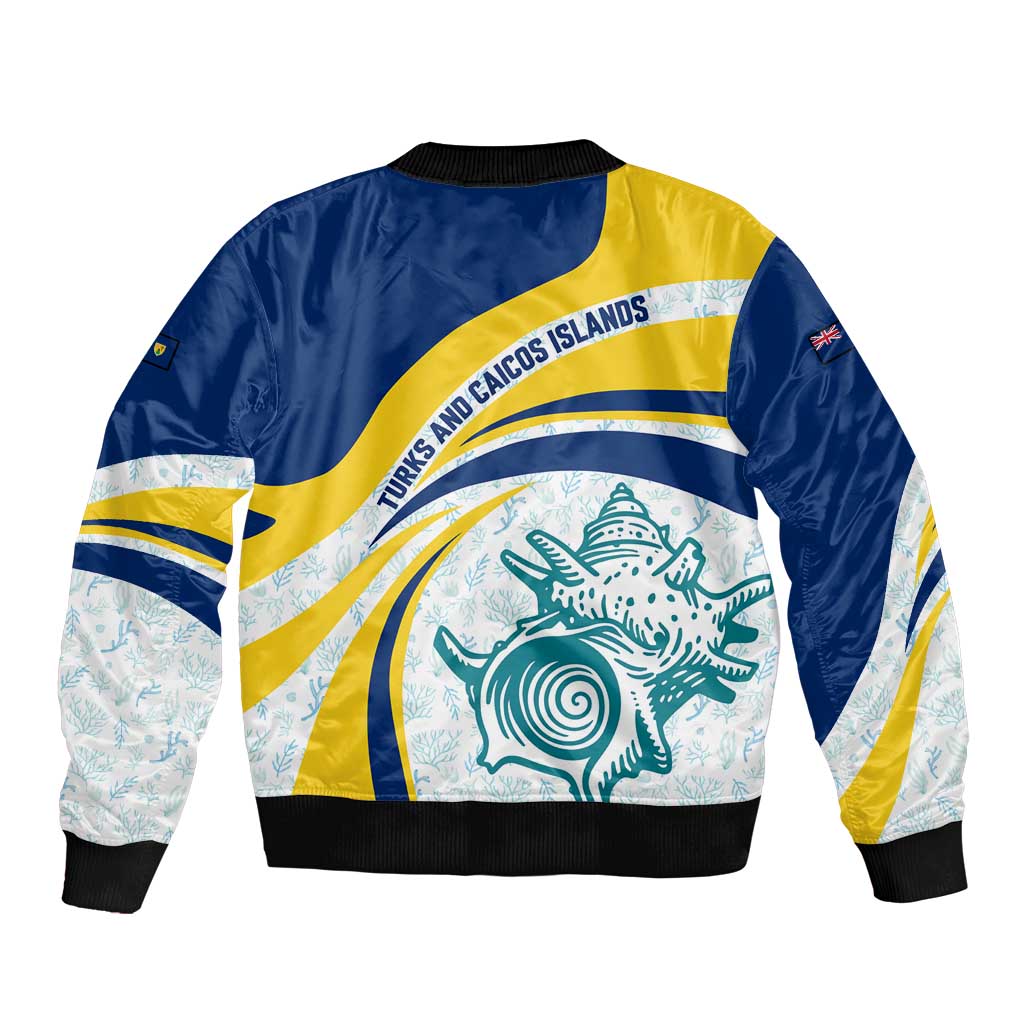 Turks and Caicos Islands Sleeve Zip Bomber Jacket with Sea Shell Graphic and Yellow Blue Wave Design - Wonder Print Shop