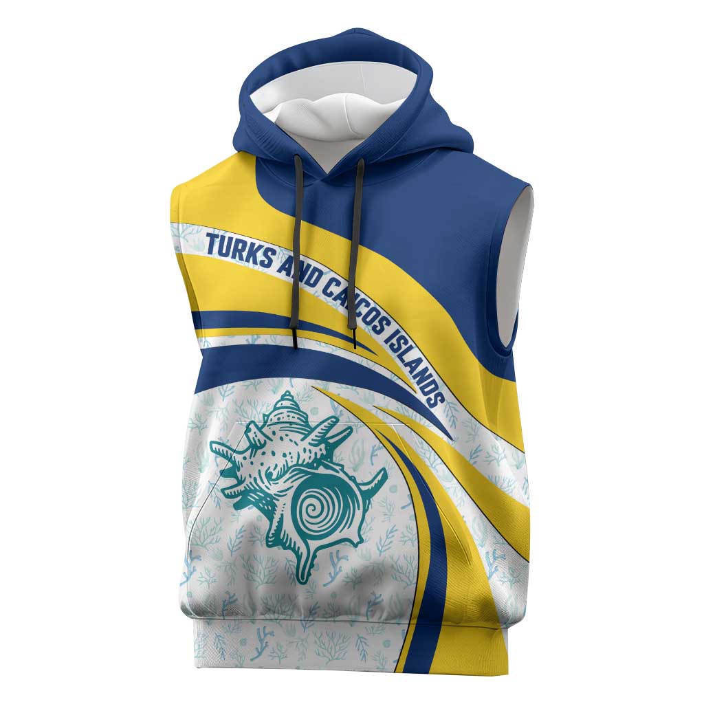 Turks and Caicos Islands Sleeveless Hoodie with Sea Shell Graphic and Yellow Blue Wave Design - Wonder Print Shop