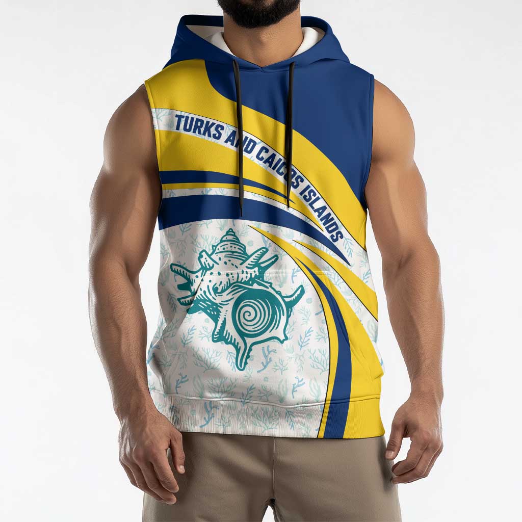 Turks and Caicos Islands Sleeveless Hoodie with Sea Shell Graphic and Yellow Blue Wave Design - Wonder Print Shop