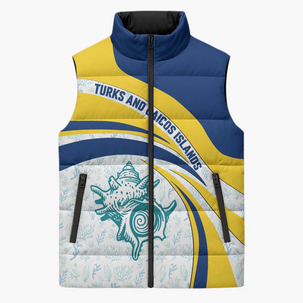 Turks and Caicos Islands Sleeveless Puffer Jacket with Sea Shell Graphic and Yellow Blue Wave Design - Wonder Print Shop