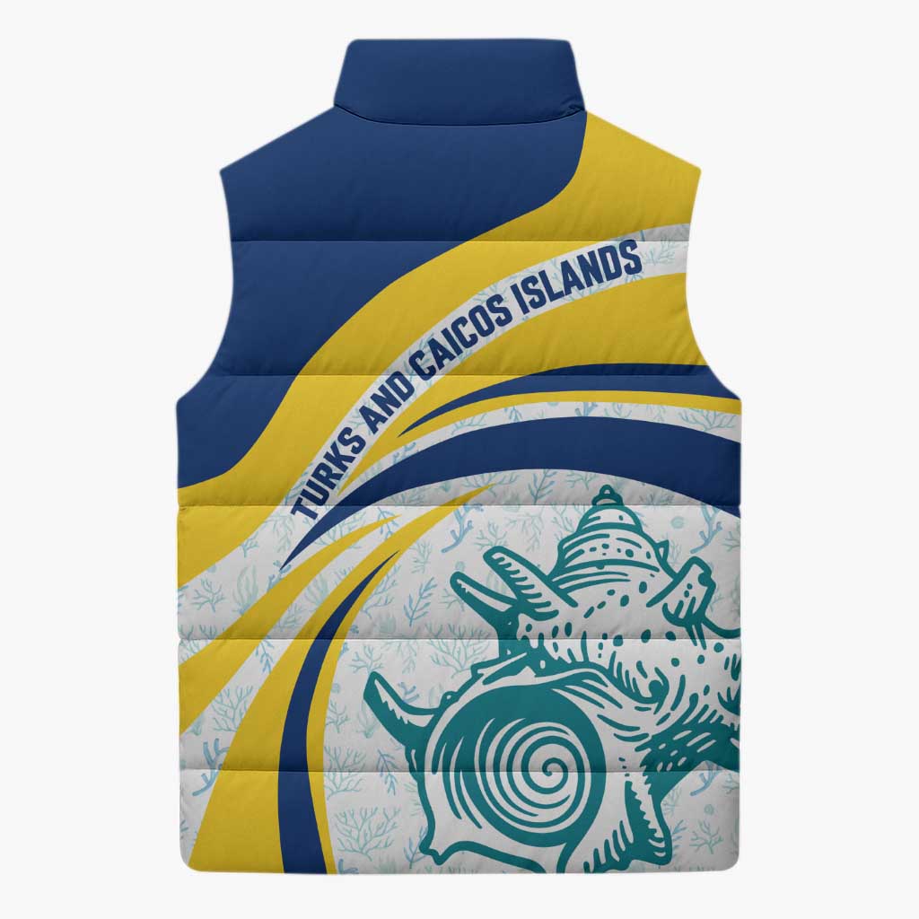 Turks and Caicos Islands Sleeveless Puffer Jacket with Sea Shell Graphic and Yellow Blue Wave Design - Wonder Print Shop