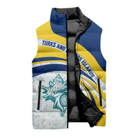 Turks and Caicos Islands Sleeveless Puffer Jacket with Sea Shell Graphic and Yellow Blue Wave Design - Wonder Print Shop